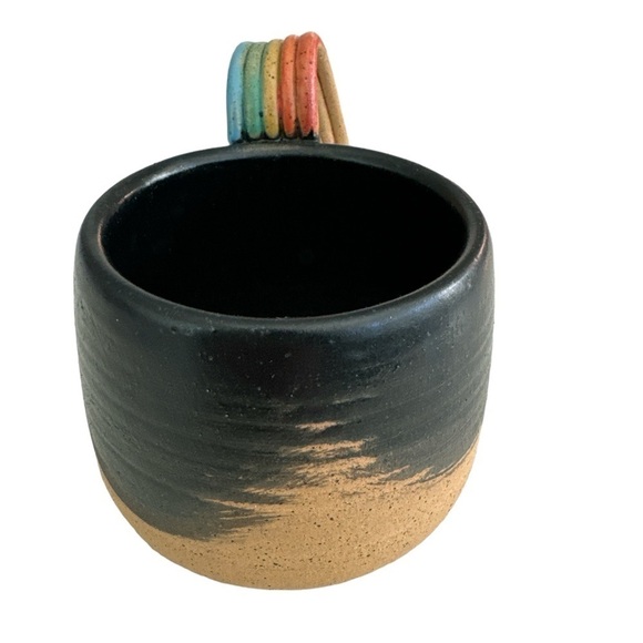 Handmade Wheel Thrown Ceramic Black and Rainbow Handle Pottery Coffee Tea Mug - Picture 6 of 8